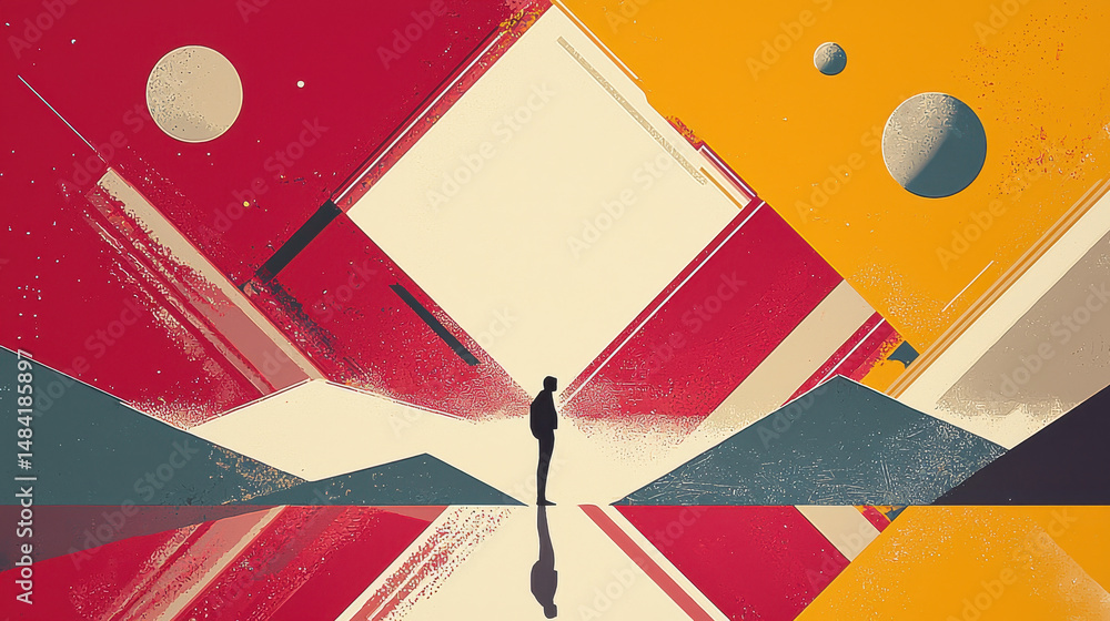 Poster abstract surreal landscape with geometric shapes and vivid colors featu a solitary person standing i