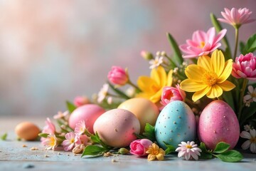 Vibrant floral Easter eggs and spring blooms in a festive arrangement , celebration, joyful, nature