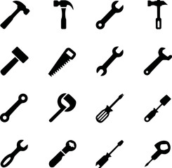 Obraz premium A practical set of vector icons featuring hand tools such as hammers, screwdrivers, wrenches, pliers, and spanners. Perfect for construction, repair services, mechanics, maintenance, and workshop grap