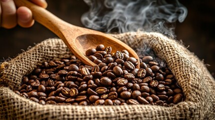 Fototapeta premium Freshly roasted beans exude a strong and inviting aroma.
