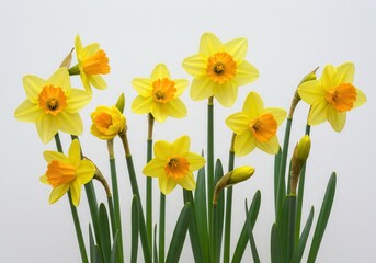 Blooming daffodils with yellow petals and orange centers against a white background