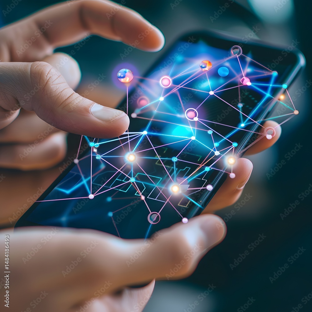 Poster dynamic view of hands holding smartphone with an intricate blue digital network.