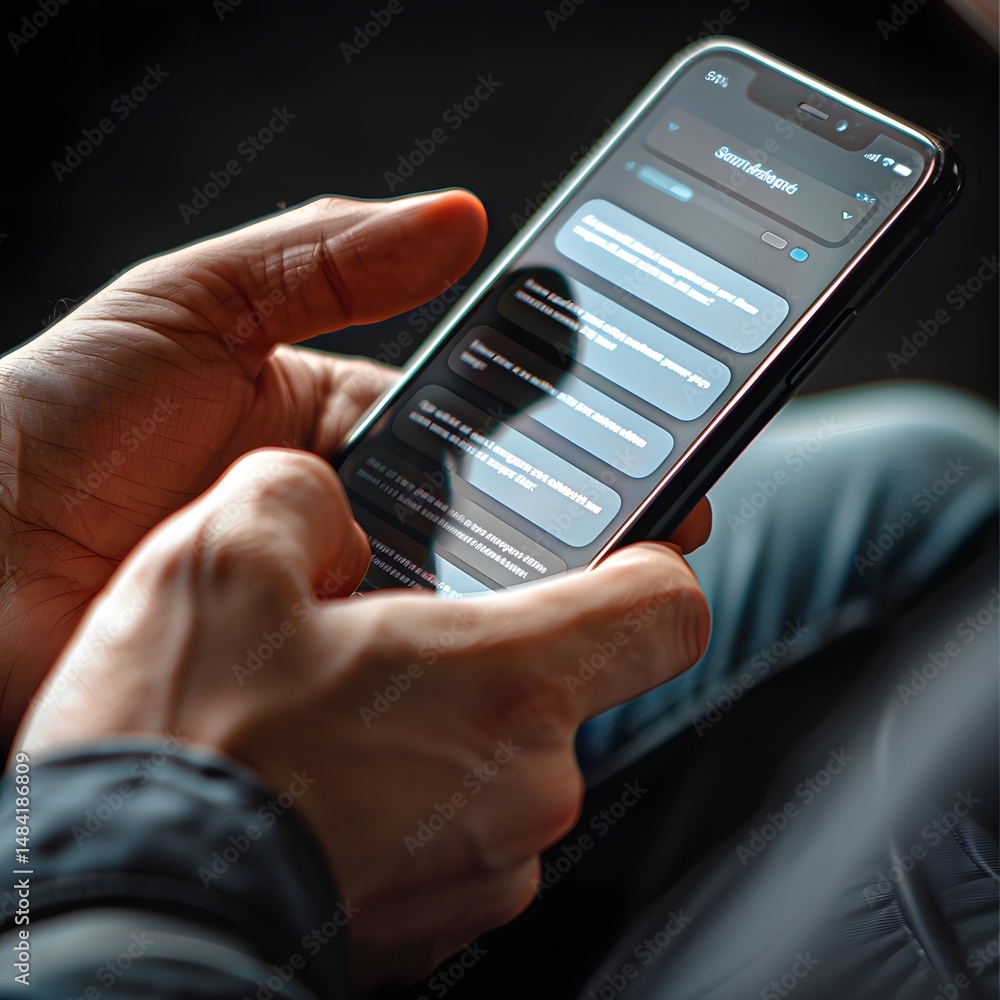 Poster hand holding a smartphone with empty login or registration fields on screen.