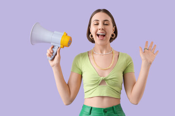 Happy young woman with dental braces and megaphone on lilac background