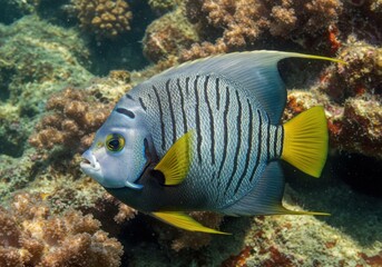 Obraz premium Close up of a tropical angelfish with yellow tail near coral reef formation