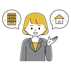 不動産の紹介をするスーツ姿の女性のイラスト