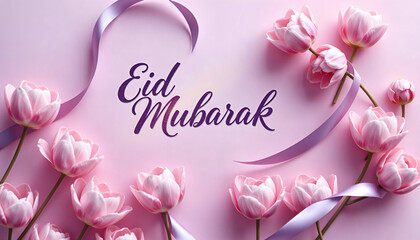 Beautiful Eid greeting card design with pastel tones, tulips, and purple ribbon for a festive look