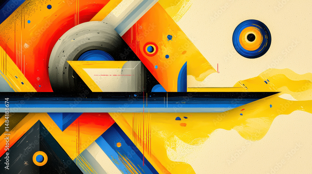 Poster abstract geometric digital art with vibrant colors including yellow blue red and black shapes resemb