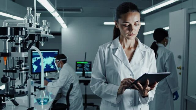 Female scientist using tablet in high tech laboratory