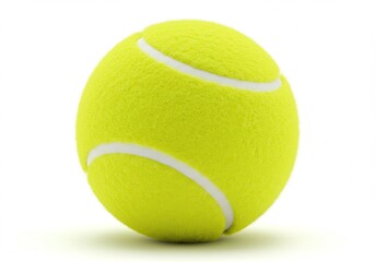 Close-up of a single yellow tennis ball with white lines on a white background