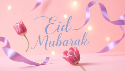A soft pink background featuring "Eid Mubarak" in elegant calligraphy with tulip flowers and glowing lights.