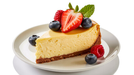 A professional food photograph of a slice of classic cheesecake on a white ceramic plate against a pure white background