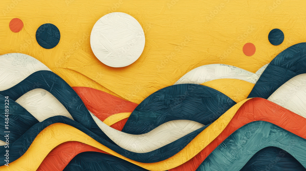 Poster abstract layered paper art with colorful waves and circular shapes on textured yellow background for