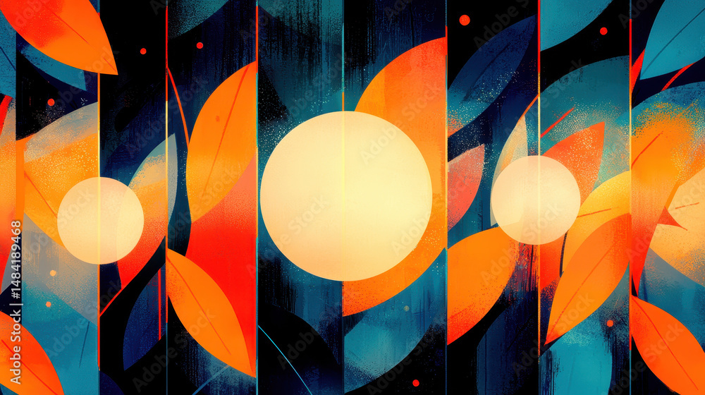 Poster vibrant modern abstract art with glowing spheres and colorful flame-like shapes on dark textured bac
