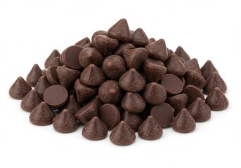 Pile of dark chocolate chips on a white background
