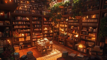 A cozy bookstore with towering bookshelves and warm lighting --ar 16:9 --v 6.1 Job ID: 34e61c01-05f7-43d3-9a3f-99d69879ae97