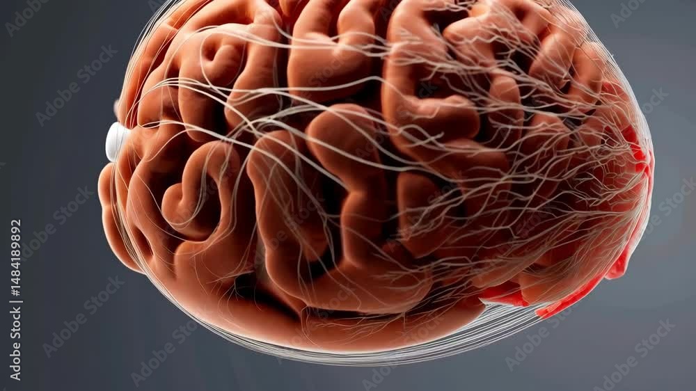 Poster detailed anatomical model displays a human brain with branching nerve fibers, neural network, and in
