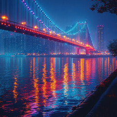 Fototapeta premium Bridge over water at night.