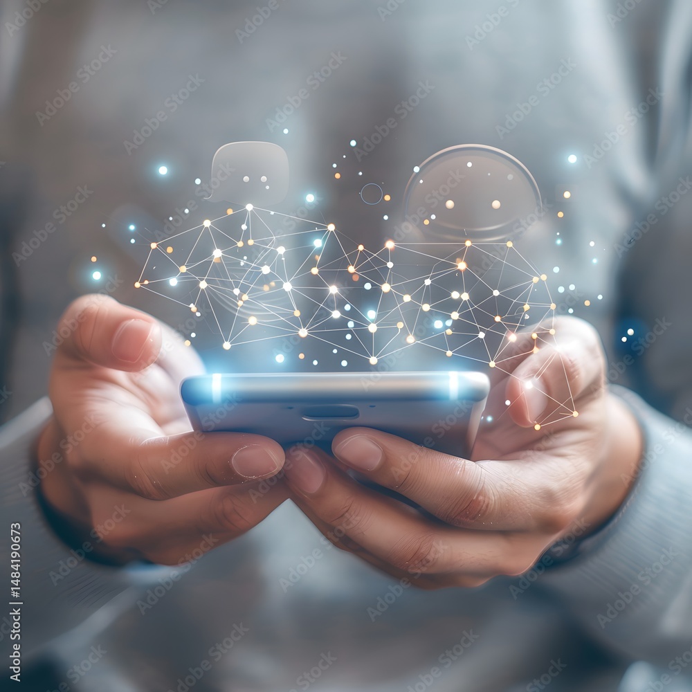 Poster hands holding a smartphone, surrounded by abstract orange data points and lines.