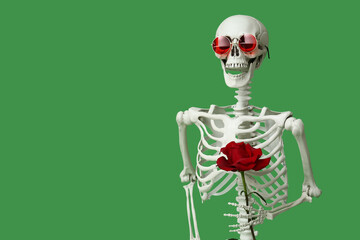 Human skeleton in sunglasses with rose flower on green background