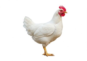 Fototapeta premium Standing white chicken with red comb isolated on white background, side view