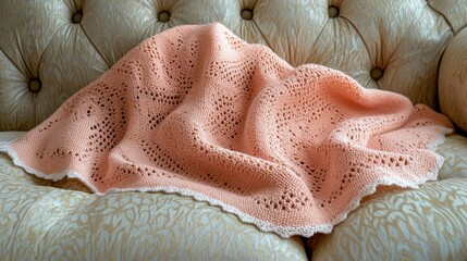 Peach lacy knit blanket on beige tufted sofa