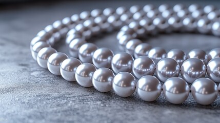 Pearl necklace coiled atop textured grey surface
