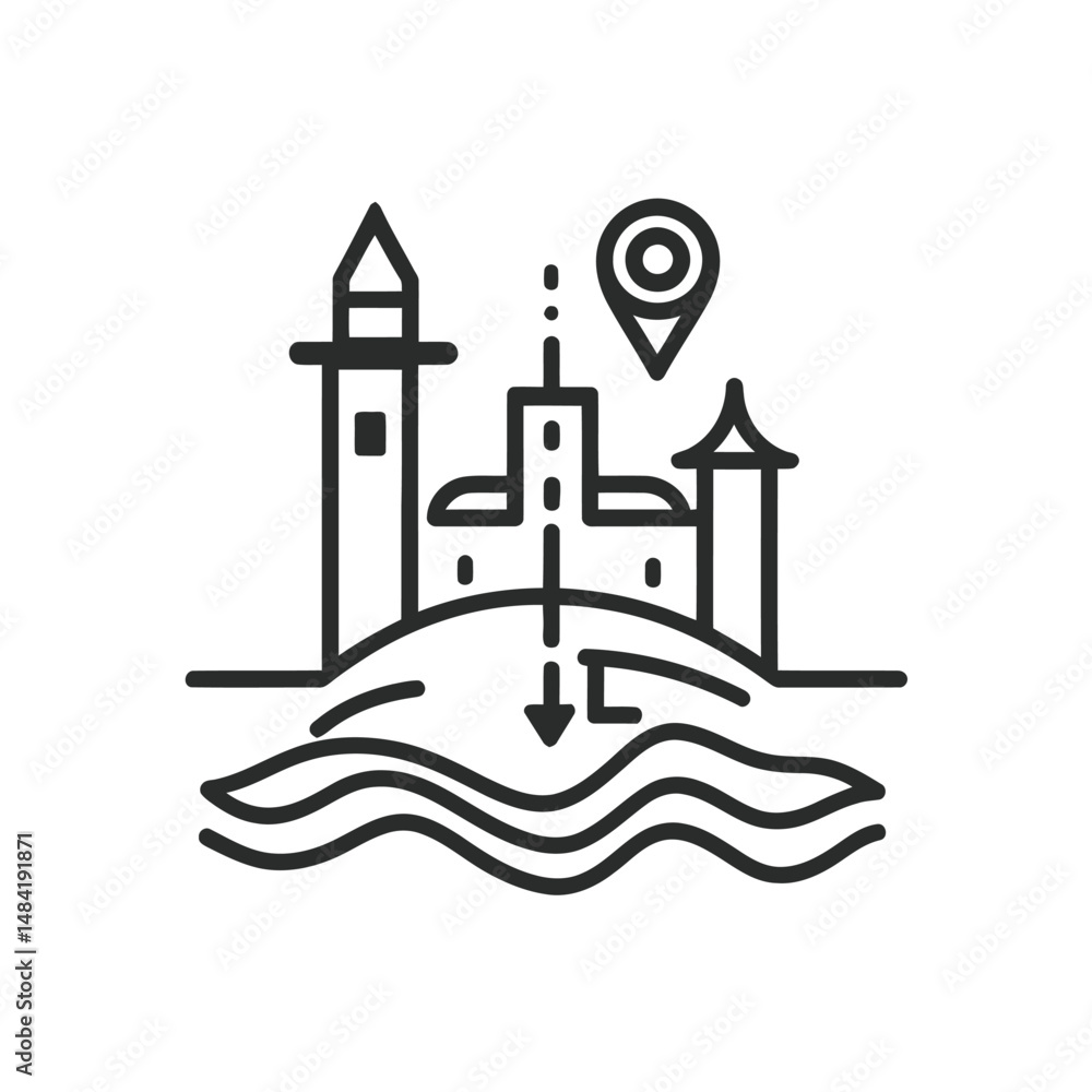 Poster coastline castle icon with ocean and arrow showing pathway to location through transparent backgroun