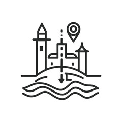 Naklejka premium Coastline castle icon with ocean and arrow showing pathway to location through transparent background