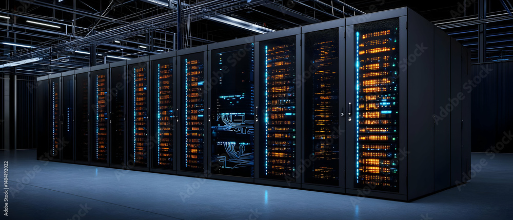 Poster dark data center server racks with glowing lights