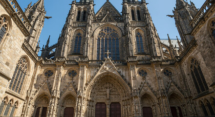 Fototapeta premium Imposing stone structure reaches toward azure sky
