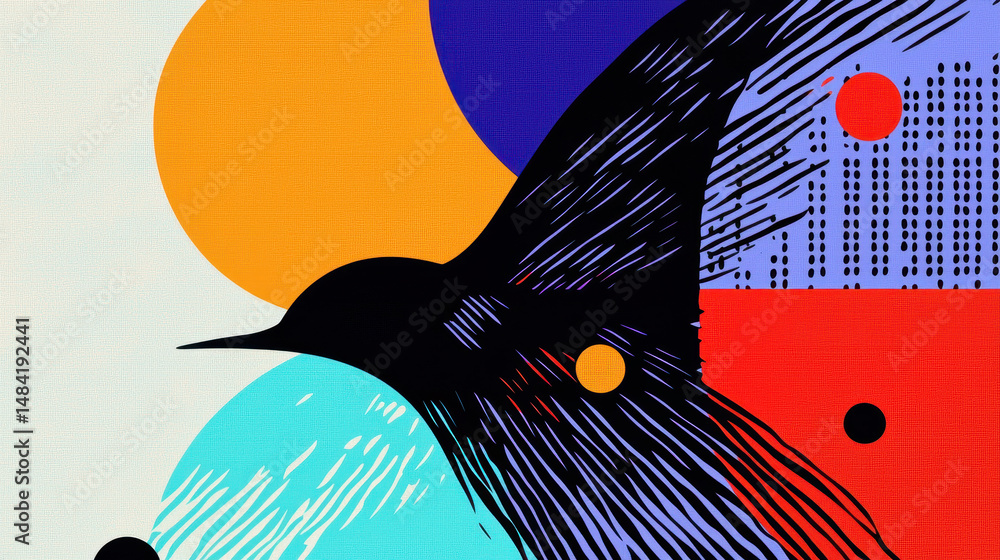 Poster abstract digital art featu vibrant colors geometric shapes and sleek black lines with a hummingbird 