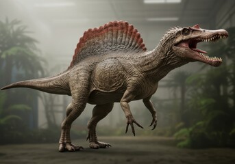 A large dinosaur with a red sail on its back standing in a misty environment