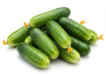 Pile of fresh cucumbers with blossoms on a white background