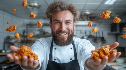 Chef showcasing crispy fried chicken restaurant kitchen food photography bright environment close-up culinary mastery
