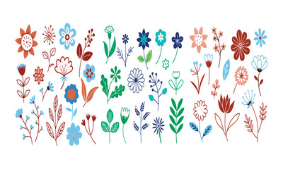 Floral Design Elements: A vibrant collection of hand-drawn floral elements, including various flowers, leaves, and stems, perfect for design projects, invitations, and more.  