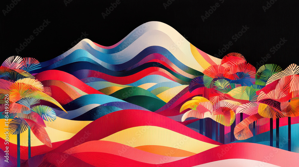 Poster vibrant colorful abstract landscape with stylized trees and rolling hills in a layered digital art s