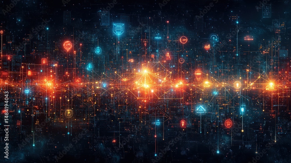 Aufkleber abstract network of interconnected data points, illuminated by vibrant light trails