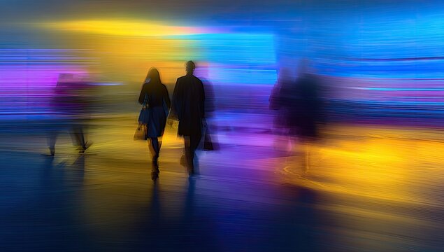 Blurred figures of people walking in a city at night, vibrant colors - Powered by Adobe