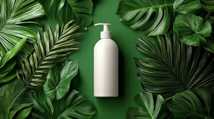 Tropical leaves accent the minimalist design of the packaging mockup. 