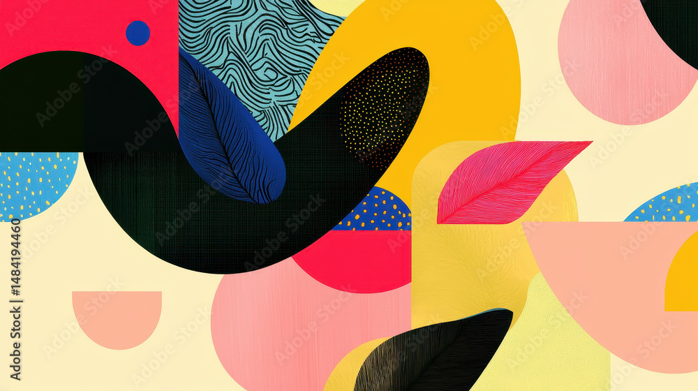 Poster abstract colorful geometric shapes with bold patterns and textures including leaves, circles, and li