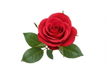 Fototapeta premium Single red rose blossom with green leaves on a white background