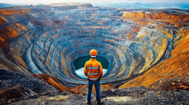 A mining engineer conducts a survey at an expansive open pit mine. 