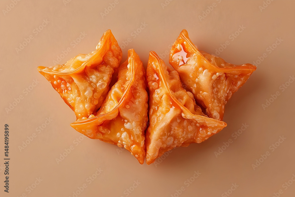 Poster four fried dumplings arranged in a symmetrical pattern on a neutral backdrop.