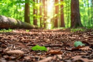 A sunlit forest floor covered with dry leaves, fallen branches, and soft green light filtering through the trees.