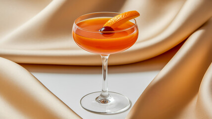 A professional photograph of a classic cocktail in a coupe glass against a pure white background