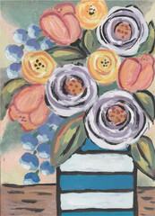 Vibrant Floral Bouquet in a Blue Striped Vase