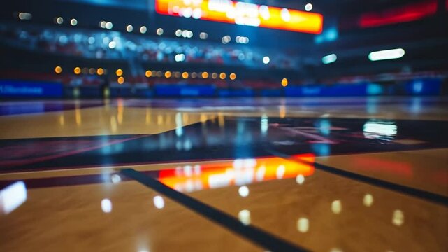 Dynamic motion of a basketball court shimmering lights and energetic atmosphere for event promotion