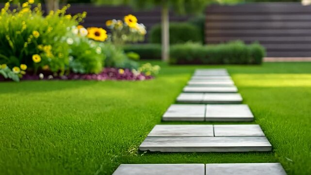 Stone path through green garden landscape design and tranquility