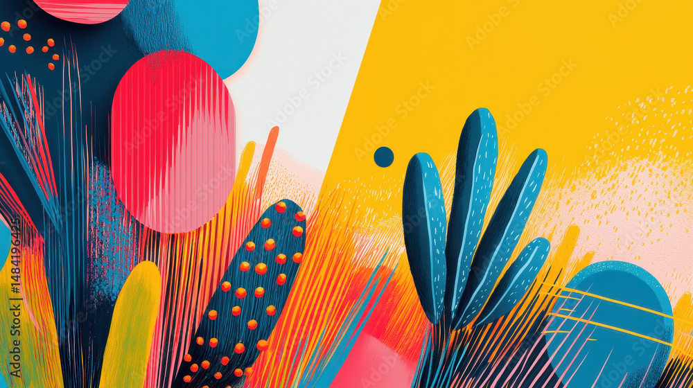 Poster abstract colorful art composition featu vibrant plant shapes in vivid hues with dynamic textures and